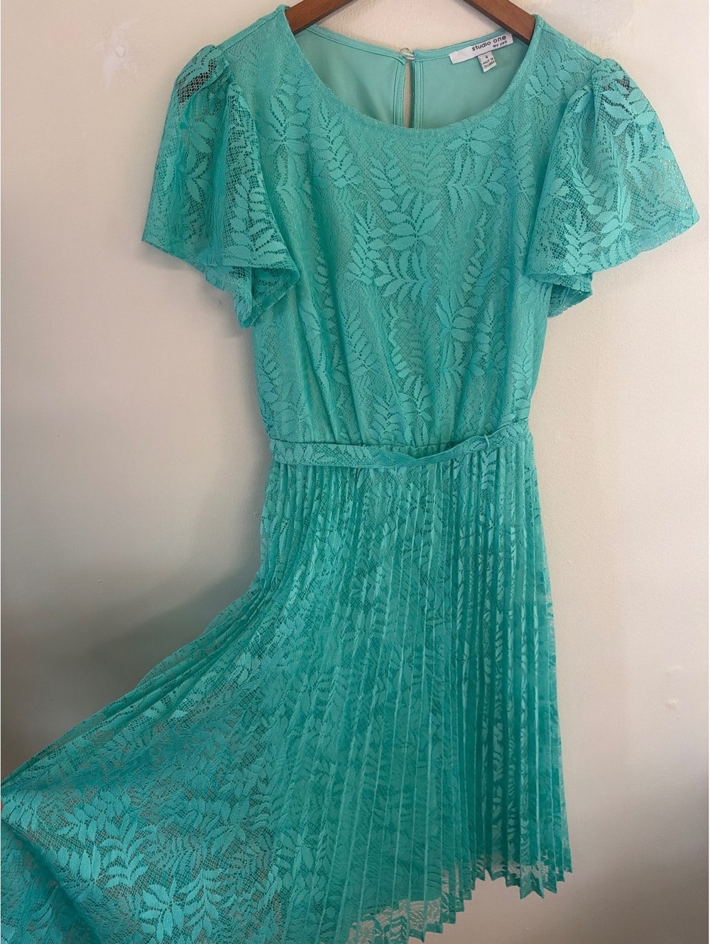 Studio One Pleated Lace Teal Midi Dress Size 4